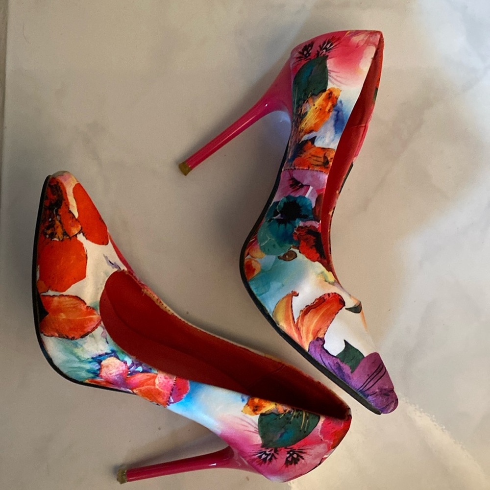Satin Floral Red Sole Heels